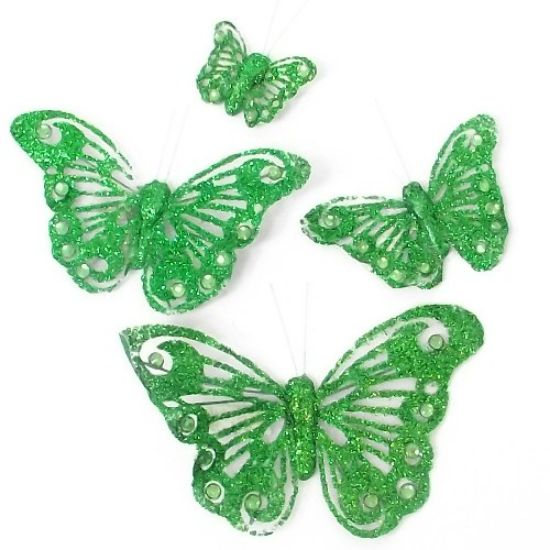 Picture of 4cm ORGANZA BUTTERFLY ON 20cm WIRE GREEN X 24pcs