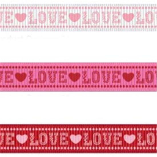 Picture of GROSGRAIN RIBBON LOVE 10mm X 25met BABY PINK PRINT ON RED