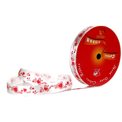 Picture of 15mm POLY RIBBON X 20 YARDS WHITE WITH RED HEARTS
