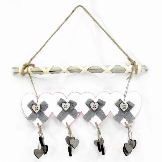 Picture of 40cm HANGING WOODEN HEART DECO PINK/WHITE/GREY