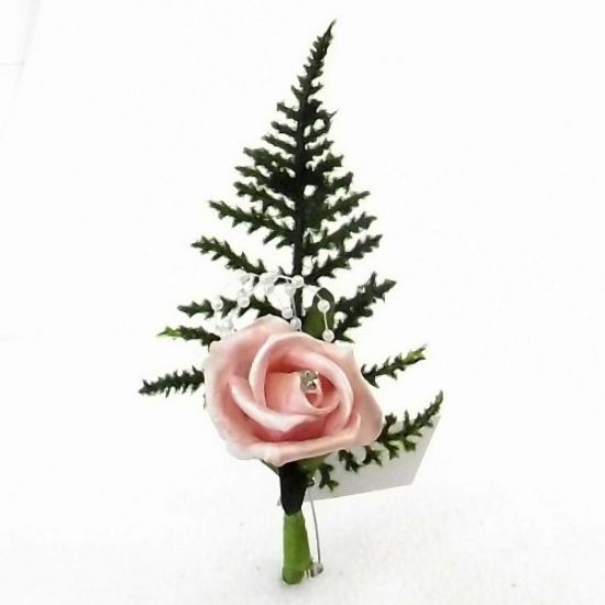 Picture of FOAM ROSEBUD BUTTON HOLE CORSAGE WITH PEARLS PEARLISED PINK