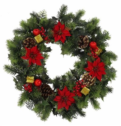 Picture of 18 INCH LARGE PLASTIC HOLLY WREATH WITH POINSETTIAS RED