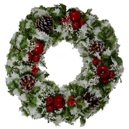 Picture of 18 INCH LARGE PLASTIC HOLLY WREATH WITH POMEGRANITE VARIEGATED