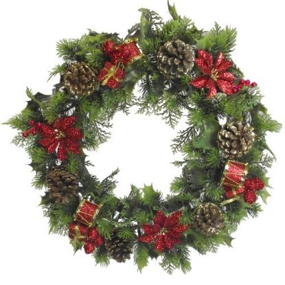 Picture of 18  INCH PLASTIC HOLLY WREATH WITH POINSETTIAS AND DRUMS RED