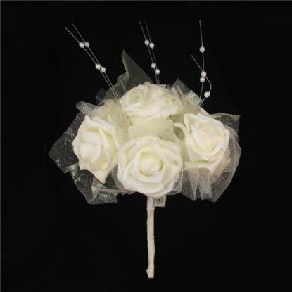 Picture of FOAM ROSE BOUQUET WITH PEARLS AND NETTING (8 HEADS) IVORY