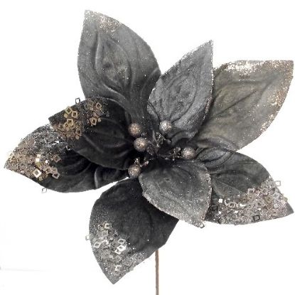 Picture of 45cm SINGLE VELVET POINSETTIA WITH SEQUINS GREY/SILVER
