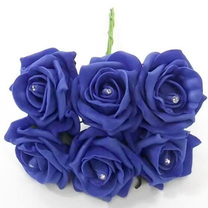 Picture of PRINCESS COLOURFAST FOAM ROSE WITH DIAMANTE BUNCH OF 6 ROYAL BLUE