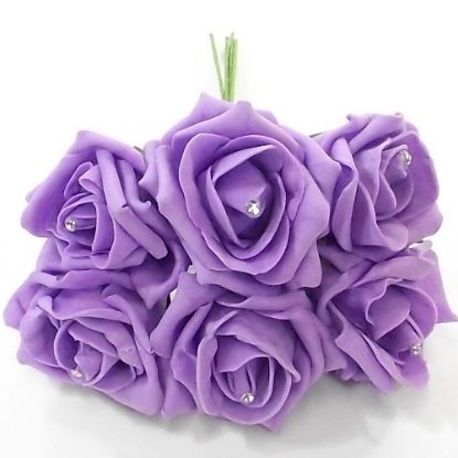 Picture of PRINCESS COLOURFAST FOAM ROSE WITH DIAMANTE BUNCH OF 6 LILAC