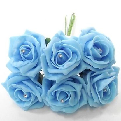 Picture of PRINCESS COLOURFAST FOAM ROSE WITH DIAMANTE BUNCH OF 6 LIGHT BLUE