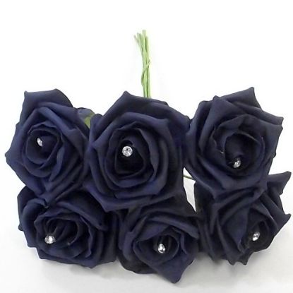 Picture of PRINCESS COLOURFAST FOAM ROSE WITH DIAMANTE BUNCH OF 6 NAVY BLUE