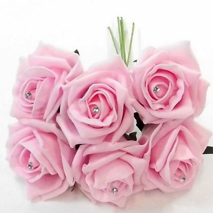 Picture of PRINCESS COLOURFAST FOAM ROSE WITH DIAMANTE BUNCH OF 6 BABY PINK
