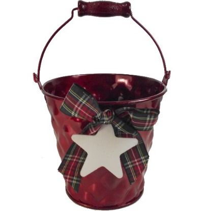 Picture of 13cm METAL ROUND BUCKET WITH TARTAN RIBBON BOW RED