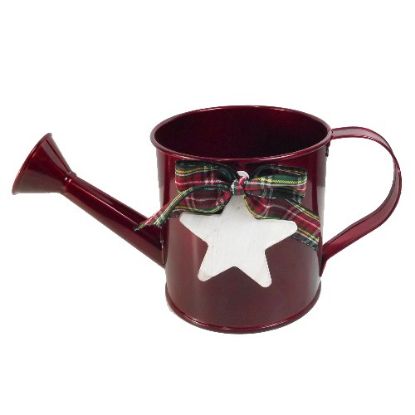 Picture of 10cm METAL WATERING CAN WITH TARTAN RIBBON BOW RED