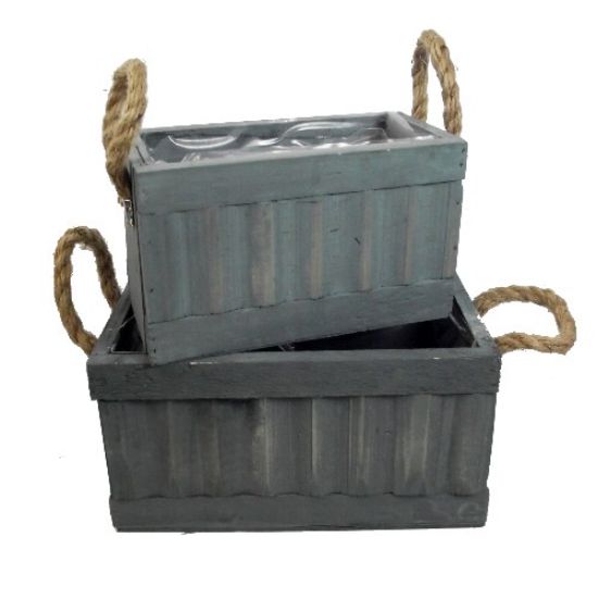 Picture of SET OF 2 WOODEN RECTANGULAR PLANTERS WITH ROPE HANDLES