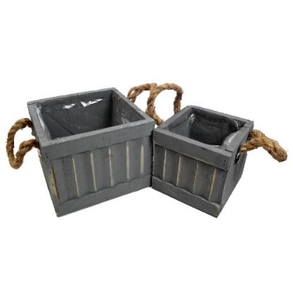 Picture of SET OF 2 WOODEN SQUARE PLANTERS WITH ROPE HANDLES