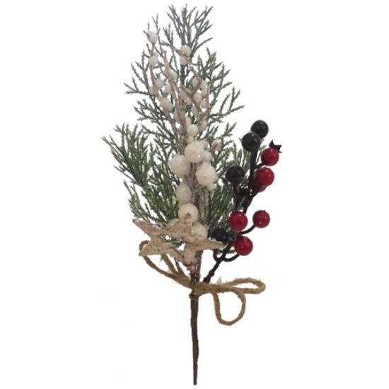 Picture of 30cm LARGE FROSTED PICK WITH MIXED RED AND WHITE BERRIES AND WOODEN STAR