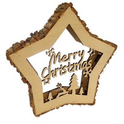 Picture of 41cm WOODEN MERRY CHRISTMAS STAR DECO WITH BARK NATURAL