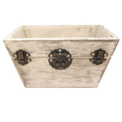 Picture of 18cm RECTANGULAR WOODEN PLANTER WITH METAL DECO (PLASTIC LINED) GREY WHITE WASHED