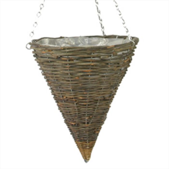 Picture of BLACK RATTAN CONE PLASTIC LINED HANGING BASKET 12 INCH