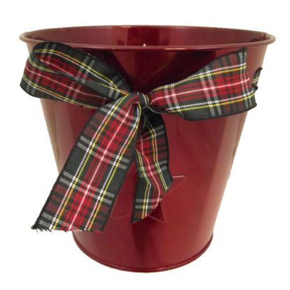 Picture of 15.5cm METAL ROUND PLANTER WITH TARTAN RIBBON BOW BRIGHT RED