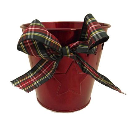 Picture of 12.5cm METAL ROUND POT WITH TARTAN RIBBON BOW BRIGHT RED
