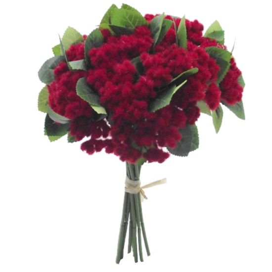 Picture of 28cm LEAFY FLOCKED BERRY BUNDLE (9 STEMS) RED