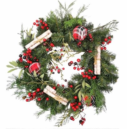 Picture of 74cm (29 INCH) CHRISTMAS SPRUCE WREATH WITH BERRIES SCROLLS AND TARTAN BALLS RED/GREEN