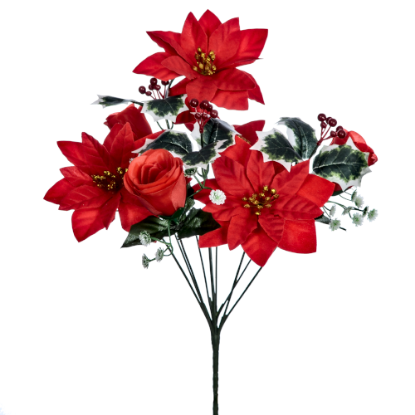 Picture of 30cm POINSETTIA AND ROSEBUD BUSH WITH HOLLY RED/GOLD