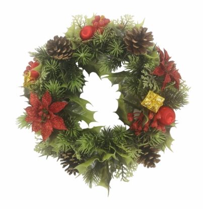Picture of 11 INCH PLASTIC HOLLY WREATH WITH GLITTER POINSETTIAS RED