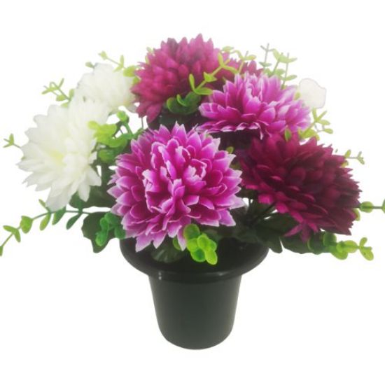 Picture of CEMETERY POT WITH SPIKY CHRYSANTHEMUMS AND EUCALYPTUS IVORY/LILAC/PURPLE