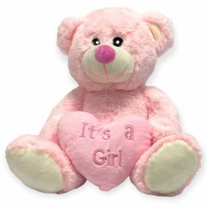 Picture of 28cm (11 INCH) SITTING BABY BEAR WITH ITS A GIRL HEART PINK
