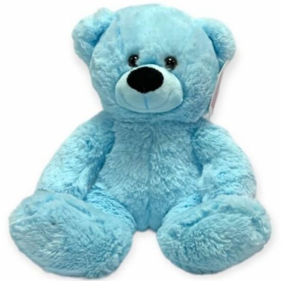 Picture of 38cm (15 INCH) SITTING BABY BOY BEAR WITH RIBBON BOW BLUE
