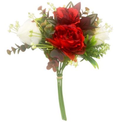 Picture of 35cm PEONY ROSEBUD AND EUCALYPTUS BUNDLE RED/IVORY