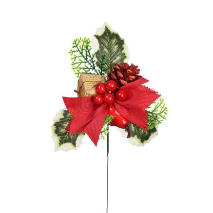 Picture of 23cm CHRISTMAS PICK WITH HOLLY BOW PARCEL AND PEAR RED/GOLD X 12pcs
