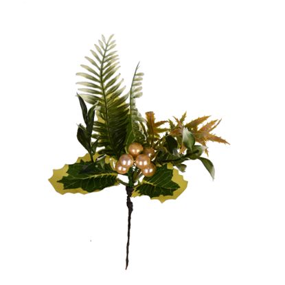 Picture of 23cm CHRISTMAS VARIEGATED HOLLY PICK WITH FOLIAGE AND BERRIES PEARL/GREEN X 12pcs