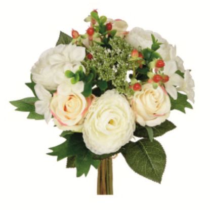 Picture of 34cm CAMELLIA ROSE AND HYPERICUM BOUQUET IVORY