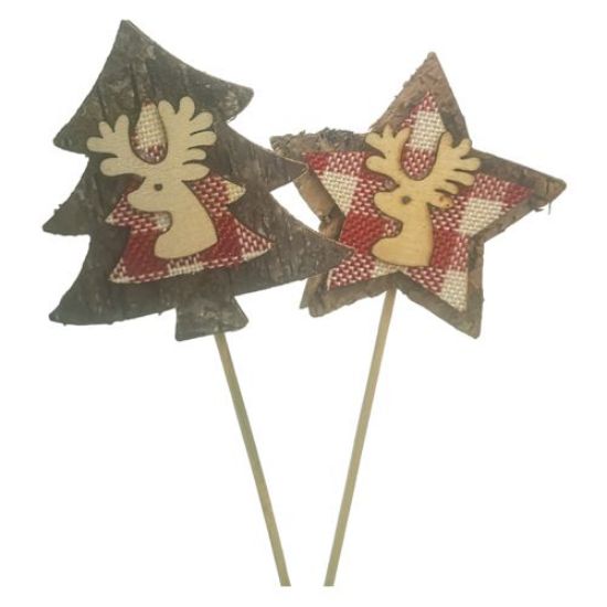 Picture of 8.5cm WOODEN STAR/TREE REINDEER PICK RED/NATURAL ON 20cm WOODEN STICK ASSORTED X 6pcs