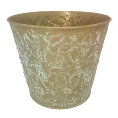 Picture of 15.5cm METAL ROUND POT WITH HOLLY DESIGN GOLD