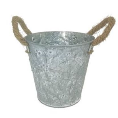 Picture of 13cm METAL ROUND POT WITH HOLLY DESIGN AND ROPE HANDLES GREY