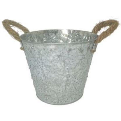 Picture of 15.5cm METAL ROUND POT WITH HOLLY DESIGN AND ROPE HANDLES GREY