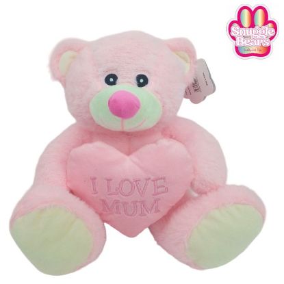 Picture of 28cm (11 INCH) SNUGGLE BEARS SITTING BEAR WITH I LOVE MUM HEART PINK