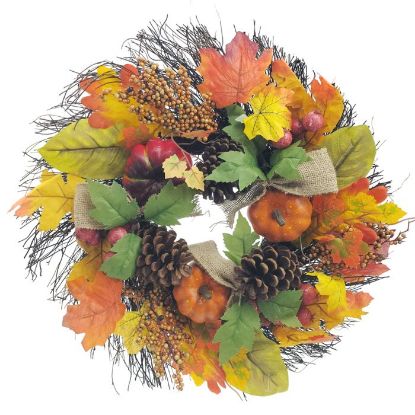 Picture of 18" (46cm) AUTUMN LEAFY WREATH WITH PUMPKINS & CONES ORANGE/YELLOW