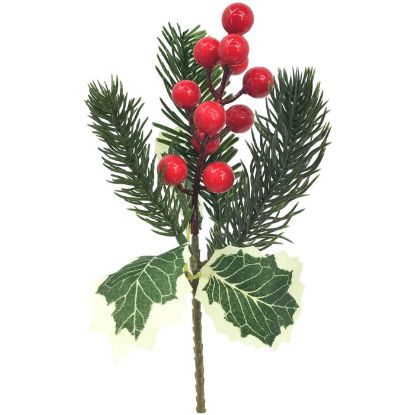 Picture of 22cm VARIEGATED HOLLY PICK WITH SPRUCE & BERRIES GREEN/RED X 12pcs