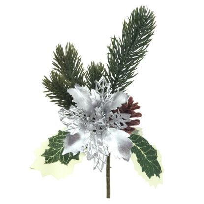 Picture of 23cm SPRUCE & POINSETTIA PICK SILVER X 12pcs