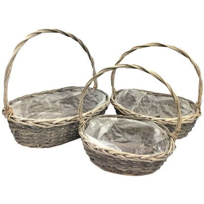 Picture of SET OF 3 OVAL WOODCHIP PLANTING BASKETS (PLASTIC LINED) GREY WASHED