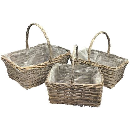 Picture of SET OF 3 RECTANGULAR HALF WILLOW PLANTING BASKETS (PLASTIC LINED) GREY WASHED