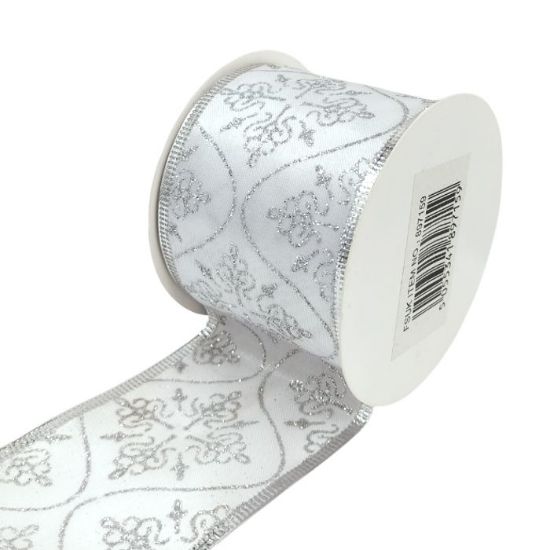 Picture of CHRISTMAS FABRIC WIRED EDGE RIBBON 63mm X 10yds SWIRLS WHITE/SILVER