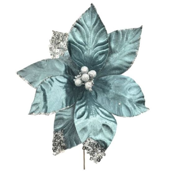 Picture of 45cm SINGLE VELVET POINSETTIA WITH SEQUINS TEAL