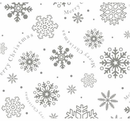 Picture of CELLOPHANE ROLL 80cm X 100met MERRY CHRISTMAS SNOWFLAKES METALIC SILVER