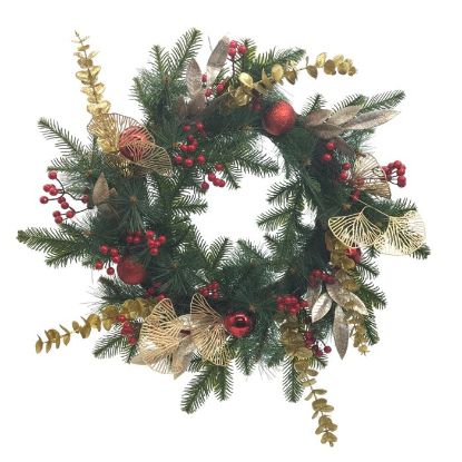 Picture of 60cm CHRISTMAS SPRUCE WREATH WITH LEAVES & BAUBLES RED/GOLD